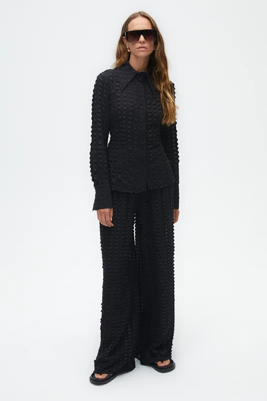 Textured Pointed Collar Shirt-- Mesh Blend Leather Blend Suede Blend