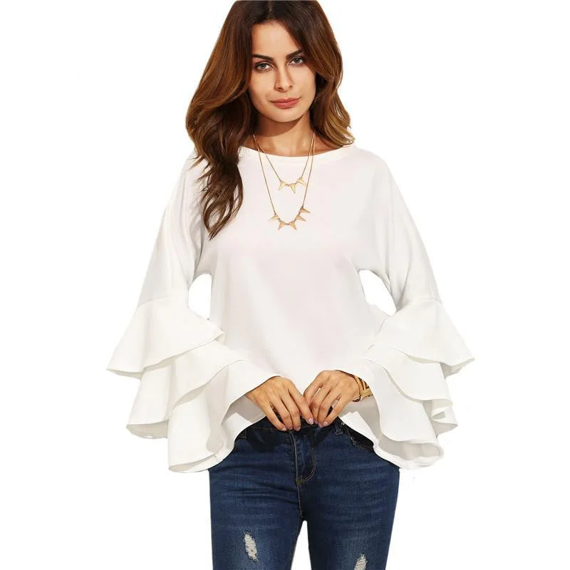 White Round Neck Ruffle Long Sleeve Shirt Ladies Work Wear Fashion Tops Women Vogue Blouse-- Striped Floral Plaid
