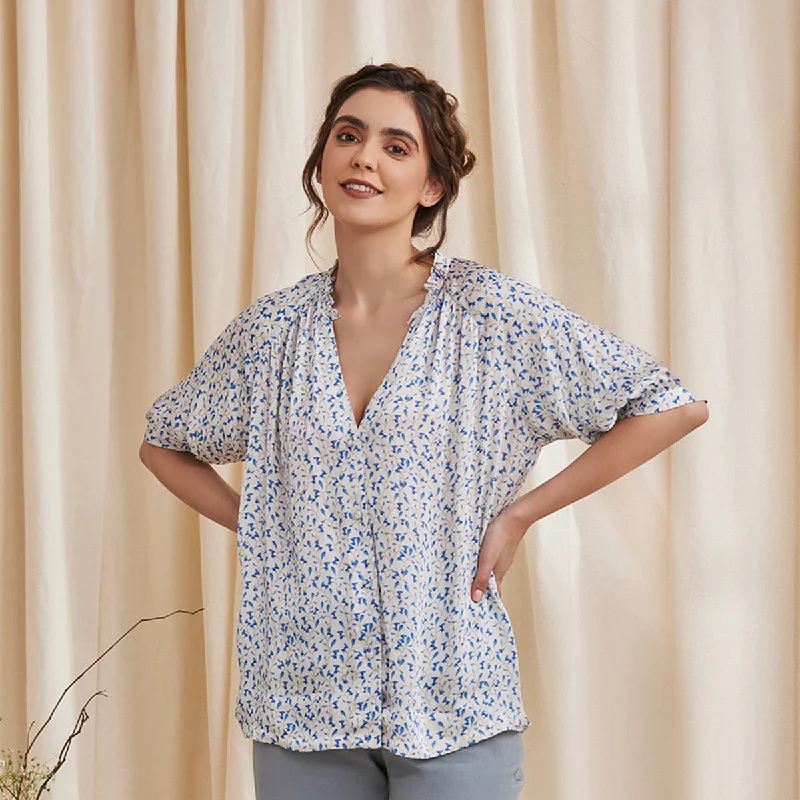 B77 LIVIA Formal Printed Modal Satin Women's White Shirt-- Houndstooth Herringbone Solid