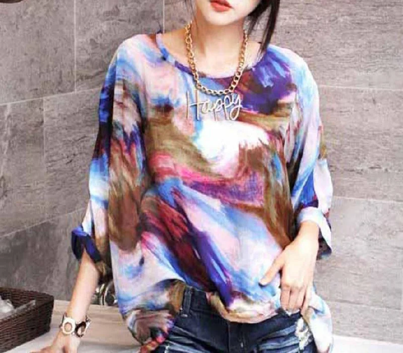 Women Cherry Print Bohemian Chiffon Loose Tops Batwing Sleeve Shirt Casual -- Basic T-Shirt Crew Neck Short Sleeve Women Cherry Print Bohemian Chiffon Loose Tops Batwing Sleeve Shirt Casual -- Basic T-Shirt Crew Neck Short Sleeve