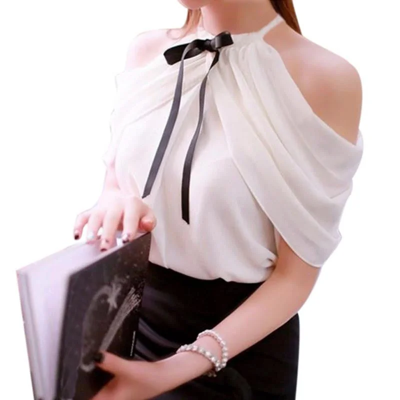 Style Halter Neck Bowknot Shirts Elegant Women Off Shoulder Blouses Casual Slim Chiffon Tops-- Terry Blend Velvet Blend Canvas Blend Style Halter Neck Bowknot Shirts Elegant Women Off Shoulder Blouses Casual Slim Chiffon Tops-- Terry Blend Velvet Blend Canvas Blend