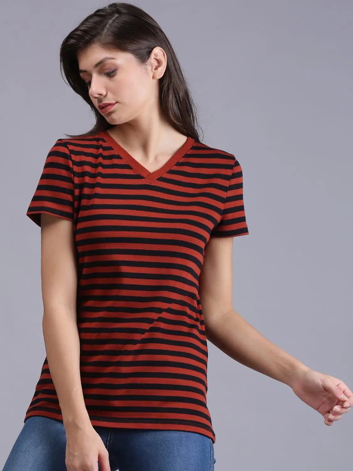 Dead bury Dead Striped Women T-Shirt-- Mesh Blend Leather Blend Suede Blend
