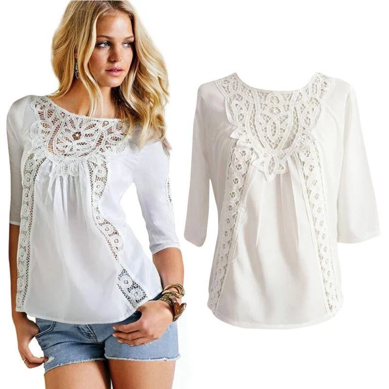 Women Blouse Loose Casual Lace Crochet Chiffon 3/4 Sleeve Shirt White Tops-- Notch Collar Peter Pan Collar Cowl Neck Women Blouse Loose Casual Lace Crochet Chiffon 3/4 Sleeve Shirt White Tops-- Notch Collar Peter Pan Collar Cowl Neck