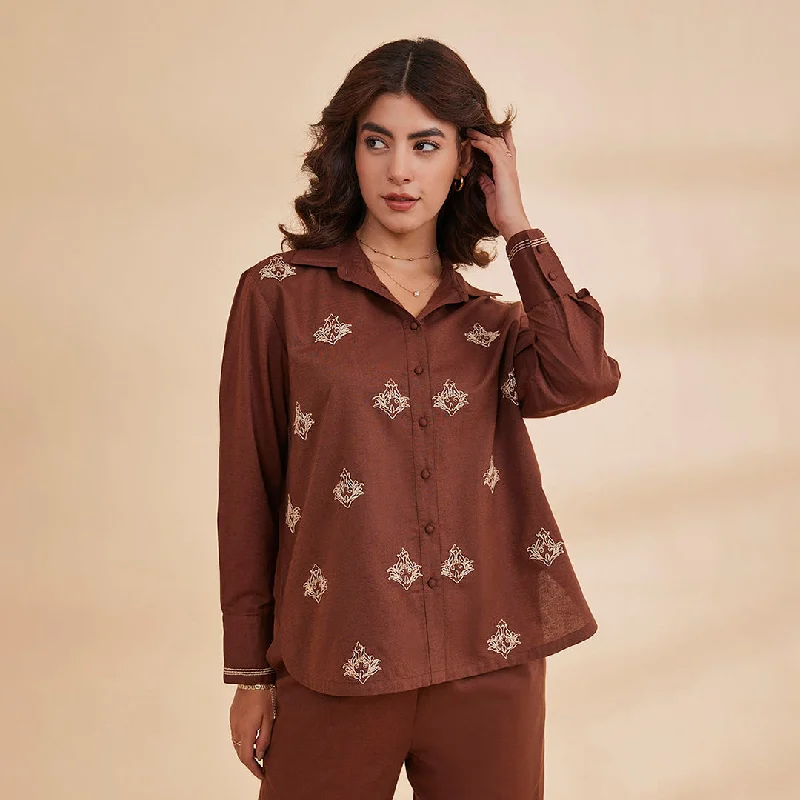 B77 Women's Organic Cotton Linen Embroidered Shirt With Back Slit/Brown-- Welt Pockets Slit Pockets Flap Pockets B77 Women's Organic Cotton Linen Embroidered Shirt With Back Slit/Brown-- Welt Pockets Slit Pockets Flap Pockets