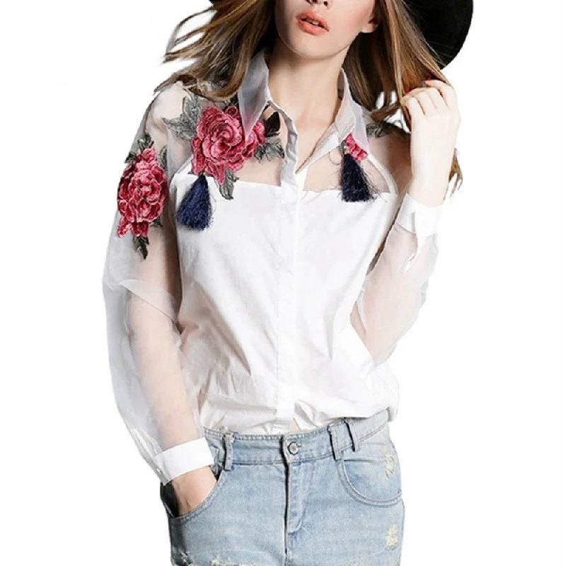 Fashion Elegant Women Blouse Flower Embroidery Vintage Shirts Organza Sleeve Tops Plus Size S-3XL-- Boxy Fit Fitted Loose Fashion Elegant Women Blouse Flower Embroidery Vintage Shirts Organza Sleeve Tops Plus Size S-3XL-- Boxy Fit Fitted Loose