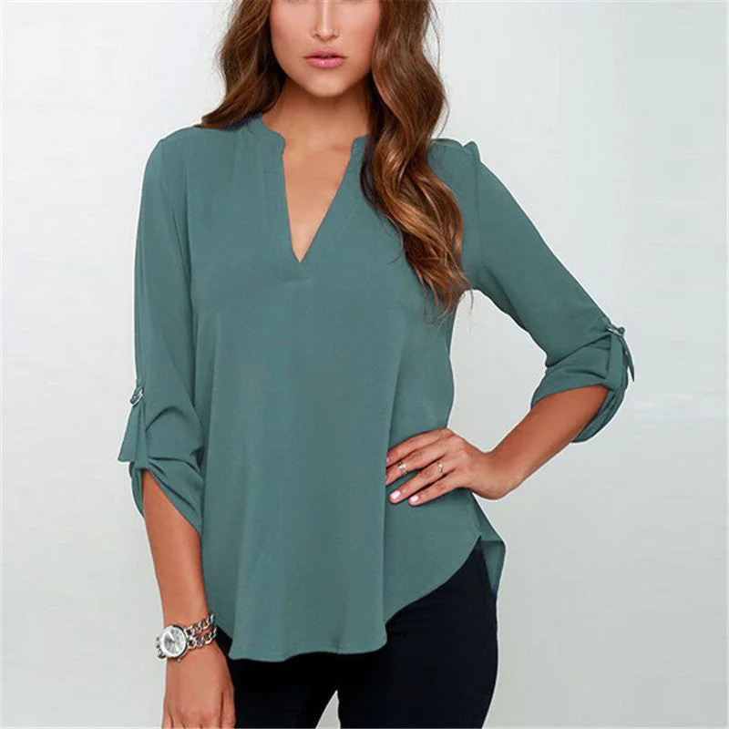 Fashion Women Long Sleeve V Neck Chiffon Blouse Shirts Casual Loose Solid Color Tops Lady OL Work Wear Plus Size-- Ribbed T-Shirt High Neck Heavyweight Fashion Women Long Sleeve V Neck Chiffon Blouse Shirts Casual Loose Solid Color Tops Lady OL Work Wear Plus Size-- Ribbed T-Shirt High Neck Heavyweight