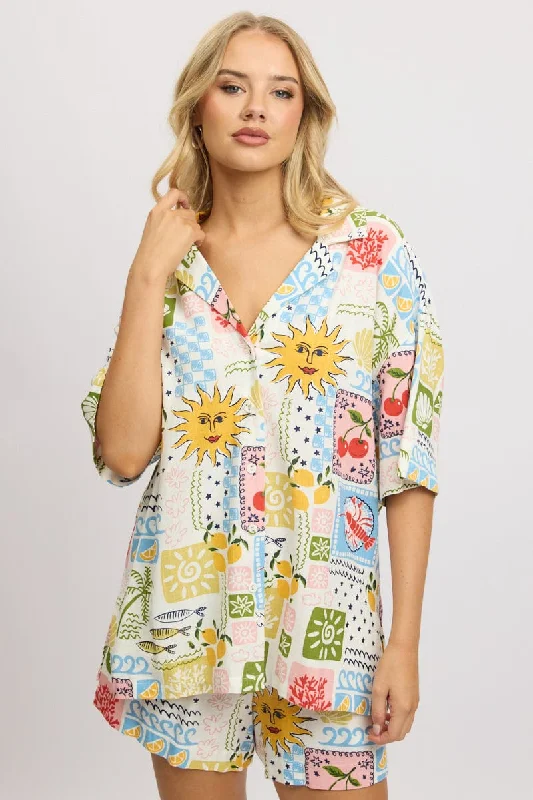 Multi Abstract Relaxed Shirt Short Sleeve-- V-Neck T-Shirt Long Sleeve Cotton