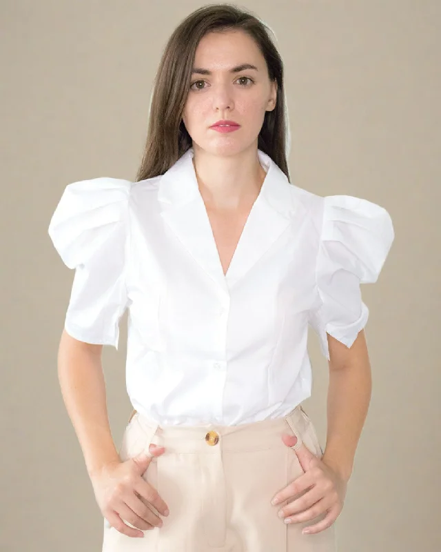Quin Puff Sleeve White Shirt-- Faux Fur Fabric Real Fur Fabric Shearling Fabric