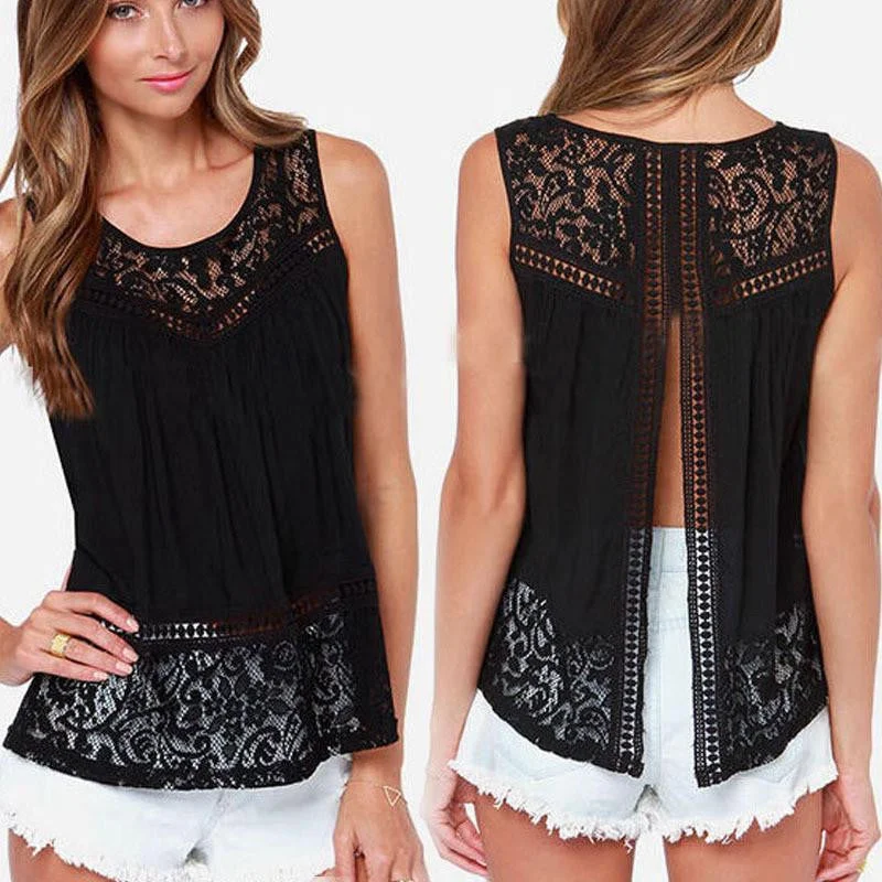 Open Back Sleeveless Blouses Shirts Women See Through Lace Chiffon Tops-- Layered Multi-layer Single Layer Open Back Sleeveless Blouses Shirts Women See Through Lace Chiffon Tops-- Layered Multi-layer Single Layer