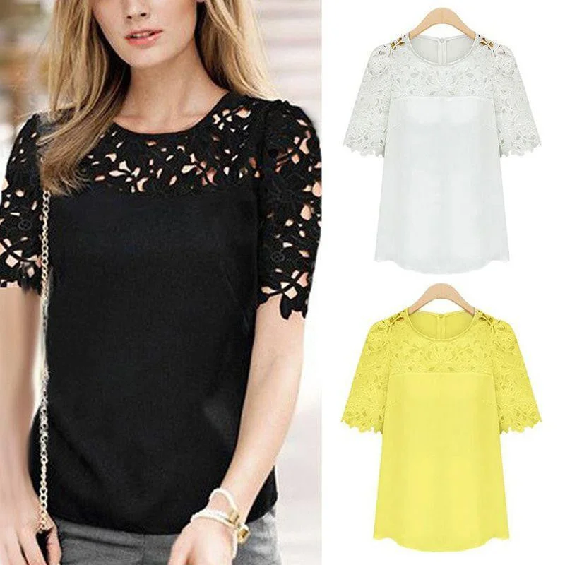 Women Tops Plus Size Ladies Hollow Crochet Chiffon Blouse Short Sleeve Shirt Top Blouse S-5XL-- Houndstooth Herringbone Solid Women Tops Plus Size Ladies Hollow Crochet Chiffon Blouse Short Sleeve Shirt Top Blouse S-5XL-- Houndstooth Herringbone Solid