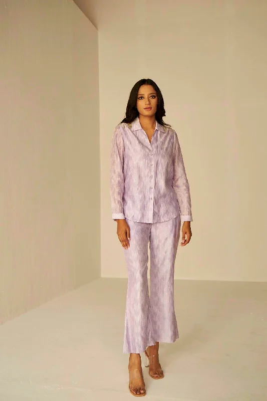 Lilac- Bliss Shibori Shirt And Pants Set-- Welt Pockets Slit Pockets