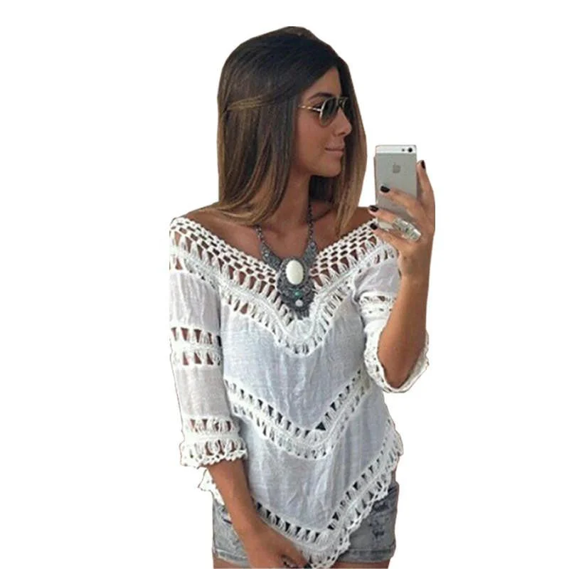 V neck White Tunic Crochet Lace Top Women Elegant Blouse Ladies Beach Shirt Big size-- Polka Dot Checkered Tartan V neck White Tunic Crochet Lace Top Women Elegant Blouse Ladies Beach Shirt Big size-- Polka Dot Checkered Tartan