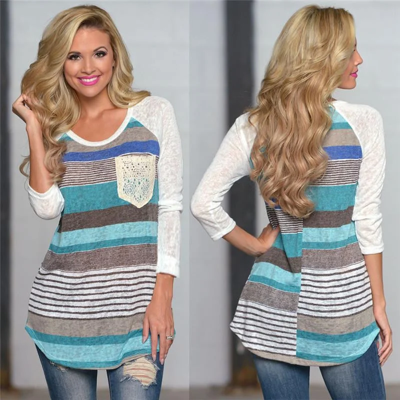Women Long Sleeve Shirt Stripes Tops Pocket O-neck Tops Shirt Blouse Female-- Sequined Glittery Shiny Women Long Sleeve Shirt Stripes Tops Pocket O-neck Tops Shirt Blouse Female-- Sequined Glittery Shiny