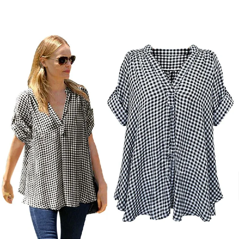 Women Clothing Fashion Loose Plaid V Neck Short Sleeve Casual Vintage Blouses Shirts Tops Female Plus Size 5XL-- Polka Dot Checkered Tartan Women Clothing Fashion Loose Plaid V Neck Short Sleeve Casual Vintage Blouses Shirts Tops Female Plus Size 5XL-- Polka Dot Checkered Tartan