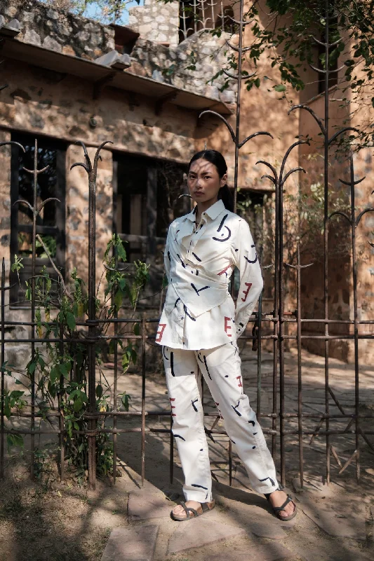 The Terra Tribe Ecru Line Printed Seattle Wrap Shirt-- Asymmetrical Pockets Print