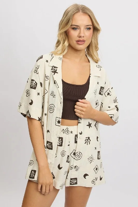 Beige Abstract Relaxed Shirt Short Sleeve Linen Blend-- Denim Fabric Leather Fabric Suede Fabric Beige Abstract Relaxed Shirt Short Sleeve Linen Blend-- Denim Fabric Leather Fabric Suede Fabric