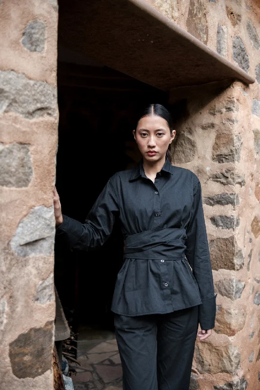 The Terra Tribe Black Nara Front Knot Shirt-- Rayon Velvet Corduroy