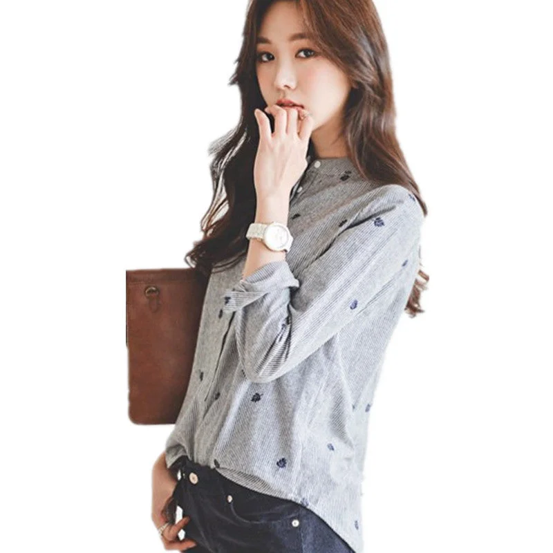 Embroidery Blouse Shirt Women Gray Striped Stand Collar Shirt Long Sleeve Female Buttons Leaves Embroidered Tops-- Houndstooth Herringbone Solid Embroidery Blouse Shirt Women Gray Striped Stand Collar Shirt Long Sleeve Female Buttons Leaves Embroidered Tops-- Houndstooth Herringbone Solid
