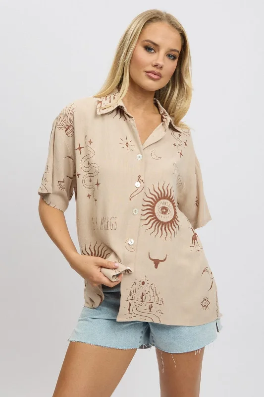 Beige Abstract Relaxed Shirt Short Sleeve-- Cotton Fabric Linen Fabric Terry Fabric