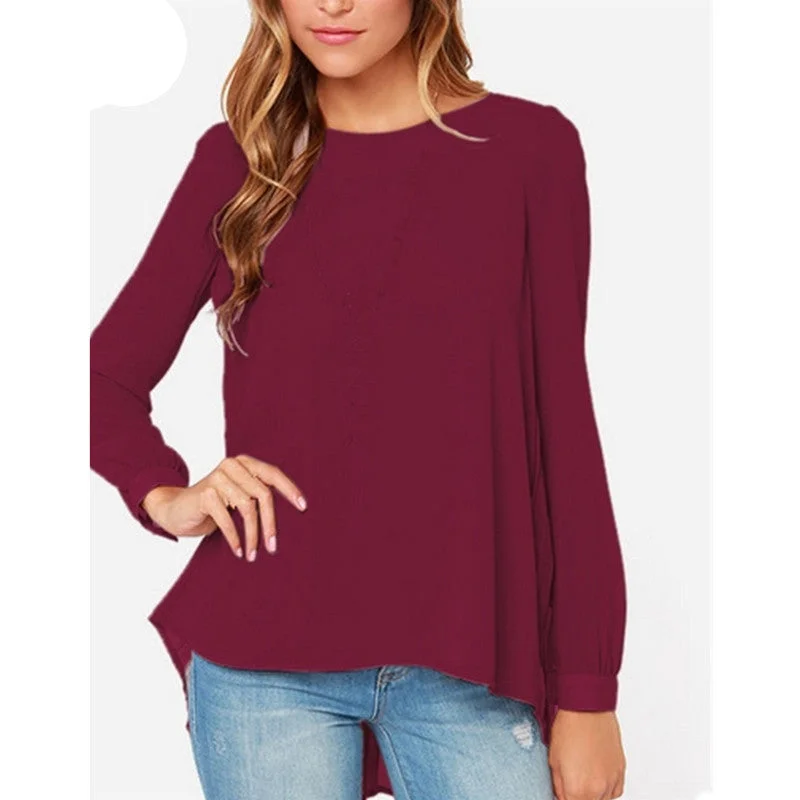 Fashion Women Chiffon Blouses Casual Shirt Long Sleeve Pleated Back Blouse Plus Size XS-5XL-- Hooded Caped Shawl Collar