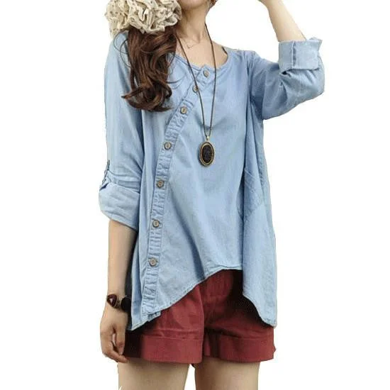 Women Tops Blouse Shirts Fashion Loose Plus Size Linen Blouse Button Shirt Female Denim Blouse-- Spandex Blend Rayon Blend Denim Blend Women Tops Blouse Shirts Fashion Loose Plus Size Linen Blouse Button Shirt Female Denim Blouse-- Spandex Blend Rayon Blend Denim Blend