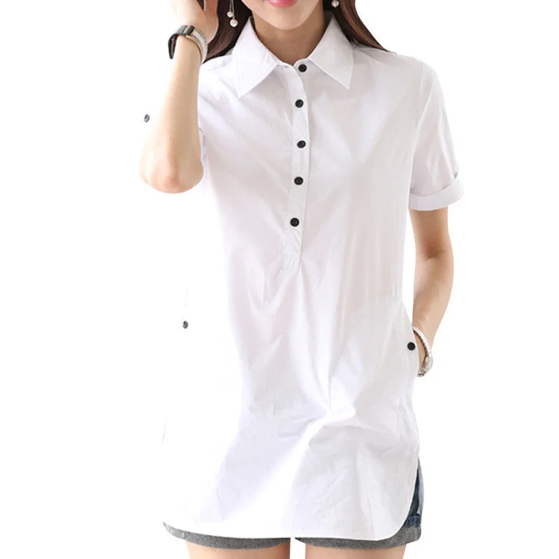 Lady Cotton Shirts Size S-3XL White Color Short Sleeve Women Long Length Blouse With Pocket-- Elasticated Padded Insulated Lady Cotton Shirts Size S-3XL White Color Short Sleeve Women Long Length Blouse With Pocket-- Elasticated Padded Insulated