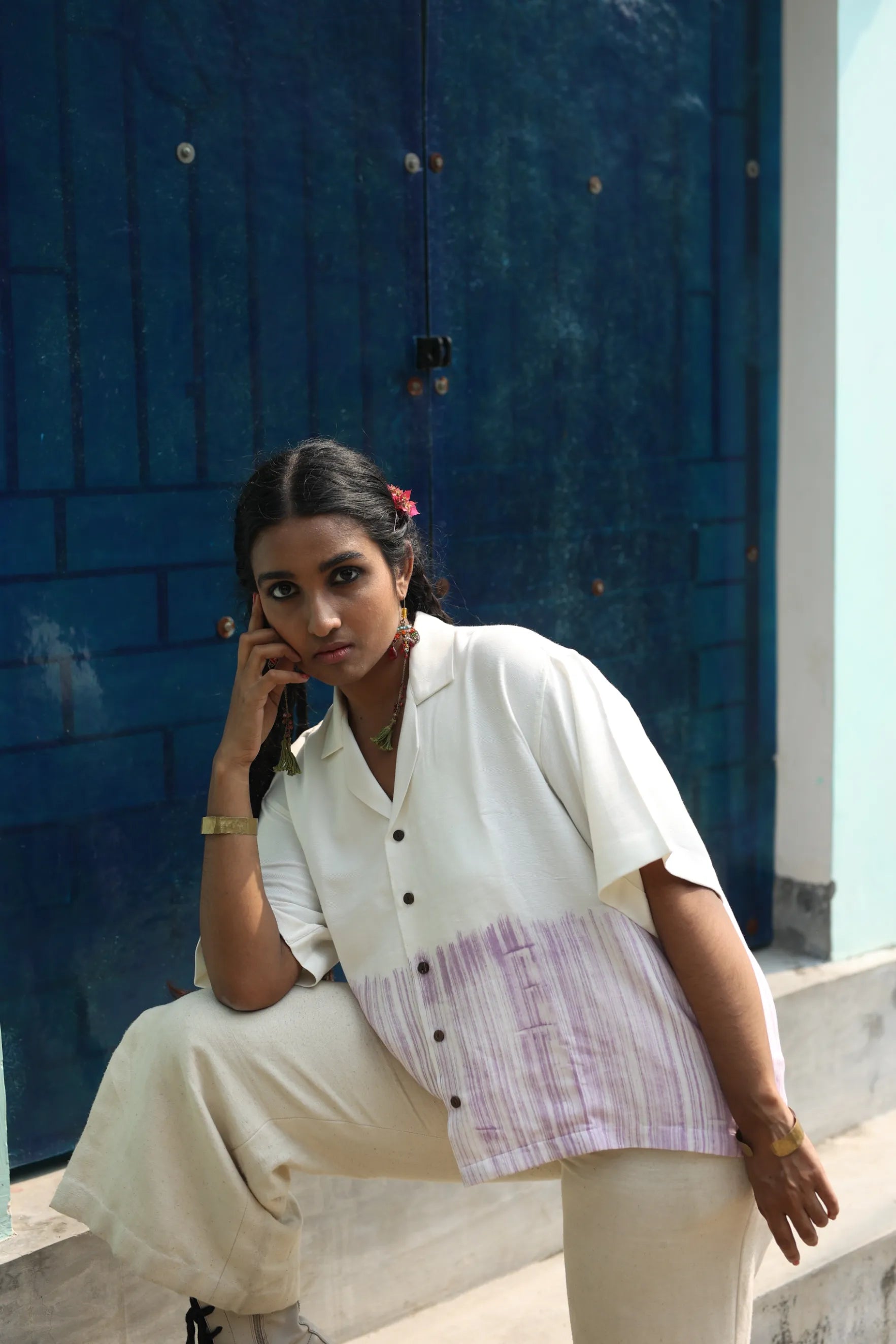 Handloom Bamboo Cotton Shirt for Women | Lavender-- Zippered Front Buttoned Front Snap Front Handloom Bamboo Cotton Shirt for Women | Lavender-- Zippered Front Buttoned Front Snap Front
