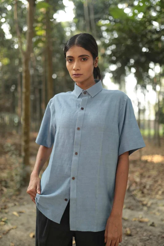 Washed in Blue Handspun Handwoven Cotton Shirt-- Rayon Velvet Corduroy