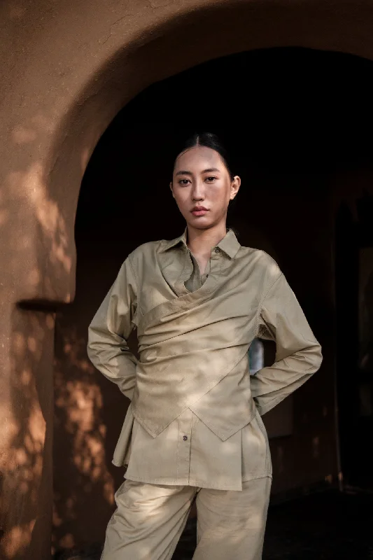 The Terra Tribe Khaki Seattle Wrap Shirt-- Spandex Blend Rayon Blend Denim Blend