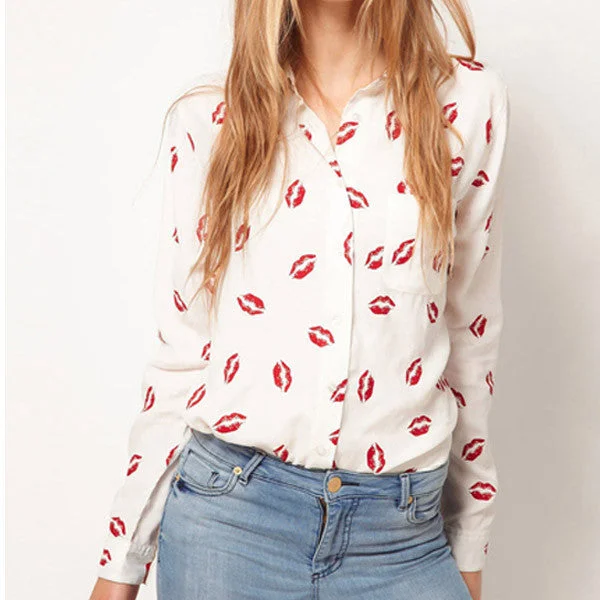 Fashion Women Button Down OL Lady Shirt Blouse Collared Chiffon Long Sleeve Kiss PrintedTops-- Spandex Blend Rayon Blend Denim Blend Fashion Women Button Down OL Lady Shirt Blouse Collared Chiffon Long Sleeve Kiss PrintedTops-- Spandex Blend Rayon Blend Denim Blend