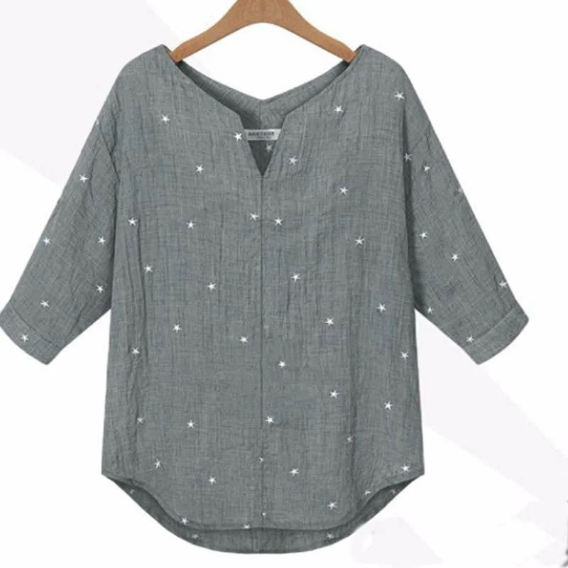 Women Casual Loose Three Quarter Sleeve V Neck Star Printed Shirt Joker Shirt Blouse Top-- Nylon Fabric Polyester Fabric Spandex Fabric Women Casual Loose Three Quarter Sleeve V Neck Star Printed Shirt Joker Shirt Blouse Top-- Nylon Fabric Polyester Fabric Spandex Fabric