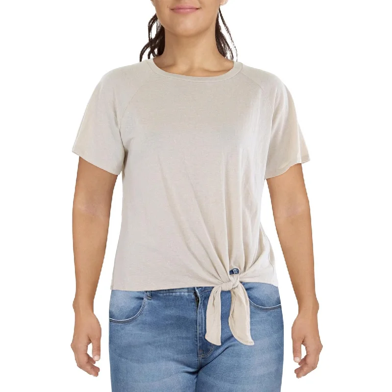 Plus Womens Side Tie Crewneck T-Shirt-- Front Pockets Side Pockets Patch Pockets