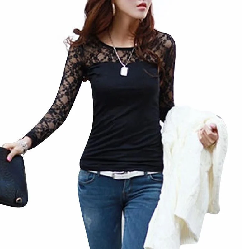 Womens Fashion Slim Shirt Tops Lace Long Sleeve O-Neck Leisure Blouse Black/White S-2XL-- Welt Pockets Slit Pockets Flap Pockets Womens Fashion Slim Shirt Tops Lace Long Sleeve O-Neck Leisure Blouse Black/White S-2XL-- Welt Pockets Slit Pockets Flap Pockets
