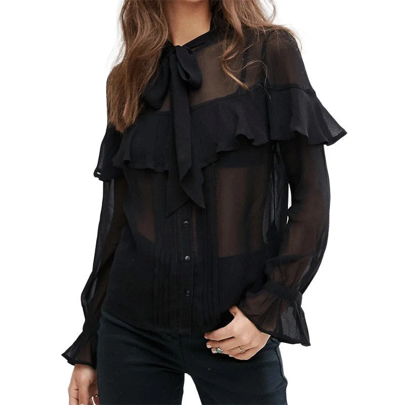 Black Sheer Lace Chiffon Shirt Solid Butterfly Sleeve Blouse Single Breasted Women Tops-- Terry Blend Velvet Blend Canvas Blend Black Sheer Lace Chiffon Shirt Solid Butterfly Sleeve Blouse Single Breasted Women Tops-- Terry Blend Velvet Blend Canvas Blend