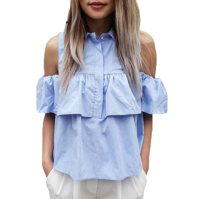 Women Casual Cold Shoulder Ruffles Blouse Shirts Turn Down Blue Casual Tops Ladies-- Faux Fur Fabric Real Fur Fabric Shearling Fabric Women Casual Cold Shoulder Ruffles Blouse Shirts Turn Down Blue Casual Tops Ladies-- Faux Fur Fabric Real Fur Fabric Shearling Fabric