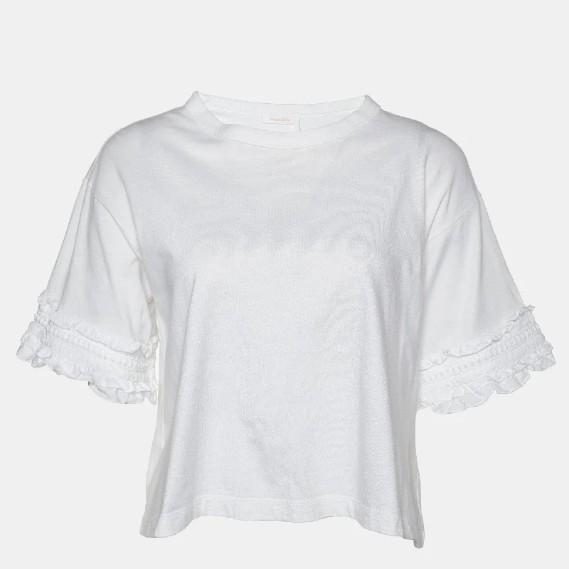 See By Chloe White Cotton Ruffled Sleeve Detail T-Shirt-- Knit Fabric Woven Fabric Fleece Fabric See By Chloe White Cotton Ruffled Sleeve Detail T-Shirt-- Knit Fabric Woven Fabric Fleece Fabric