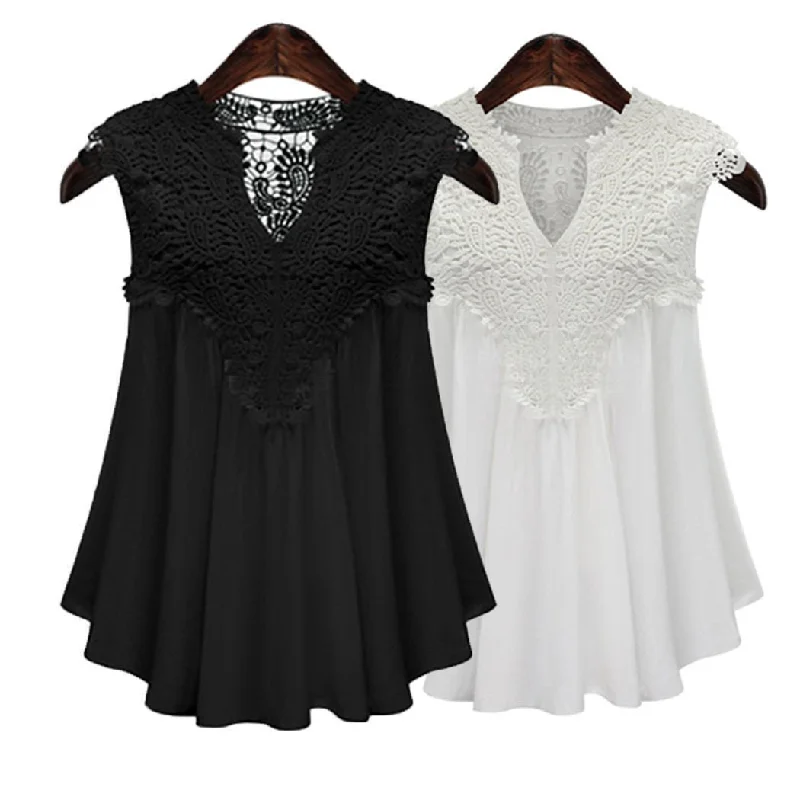 Women Blouse V-neck Lace Chiffon Vintage Sleeveless Crochet Casual Shirts Tops Plus Size-- Collared T-Shirt Boat Neck A-Line Women Blouse V-neck Lace Chiffon Vintage Sleeveless Crochet Casual Shirts Tops Plus Size-- Collared T-Shirt Boat Neck A-Line