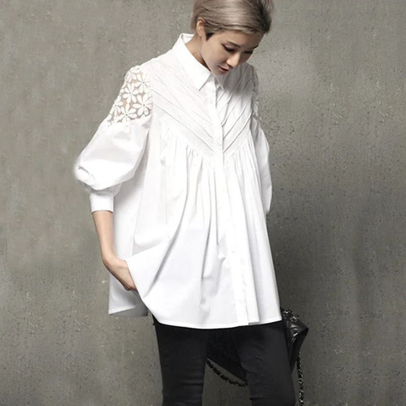 Lace Stitching Slim Shirt and Blouse Lantern Sleeve Loose Korean Hollow Out Female Tops Shirt Blouse-- Denim Fabric Leather Fabric Suede Fabric Lace Stitching Slim Shirt and Blouse Lantern Sleeve Loose Korean Hollow Out Female Tops Shirt Blouse-- Denim Fabric Leather Fabric Suede Fabric