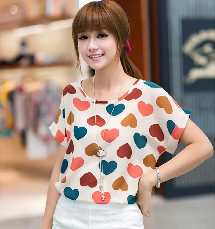 High Heart Printed Women Blouses Short Sleeve Chiffon Blouse Plus Size Tops Shirt Women-- Solid Print Embellished High Heart Printed Women Blouses Short Sleeve Chiffon Blouse Plus Size Tops Shirt Women-- Solid Print Embellished