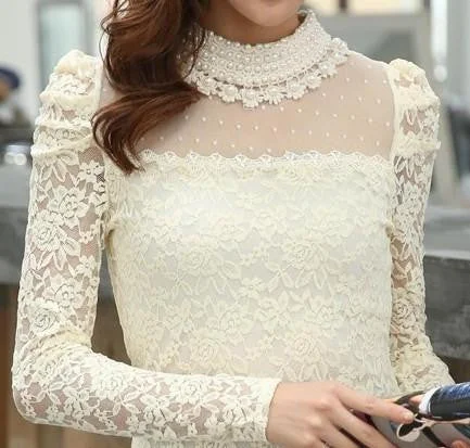 Women's Stand Pearl Collar Lace Crochet Blouse Shirts, long sleeve sexy tops for women-- Beaded Sequined Faux Fur Women's Stand Pearl Collar Lace Crochet Blouse Shirts, long sleeve sexy tops for women-- Beaded Sequined Faux Fur