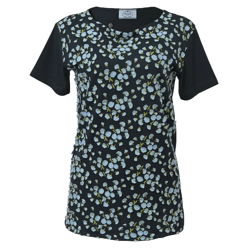 Prada Floral Knit Applique Short Sleeve T-Shirt in Black Cotton-- Denim Fabric Leather Fabric Suede Fabric Prada Floral Knit Applique Short Sleeve T-Shirt in Black Cotton-- Denim Fabric Leather Fabric Suede Fabric