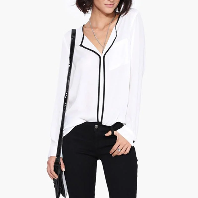 Style Fashion Womens Casual White Shirt Long Sleeve Black Side Chiffon Blouse V-neck Work Shirts Women-- Collared Crew Neck Turtle Neck Style Fashion Womens Casual White Shirt Long Sleeve Black Side Chiffon Blouse V-neck Work Shirts Women-- Collared Crew Neck Turtle Neck