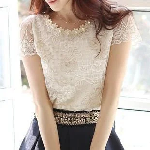women's chiffon shirt lace top beading embroidery o-neck-- Zippered Front Buttoned Front Snap Front women's chiffon shirt lace top beading embroidery o-neck-- Zippered Front Buttoned Front Snap Front