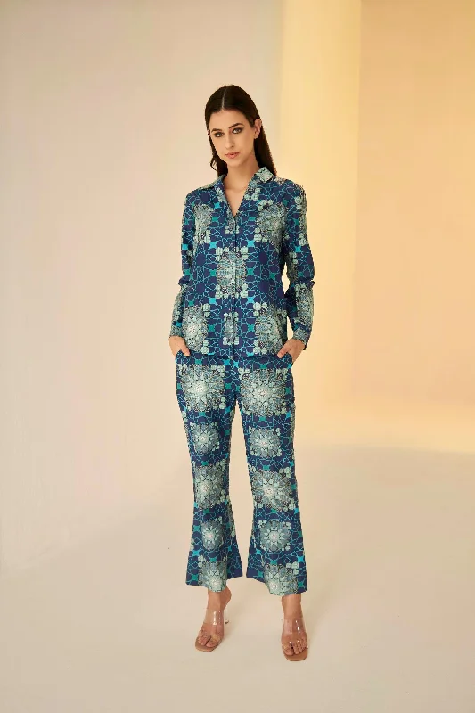Blue- Bliss Tashkent Print Shirt And Pant Set-- Houndstooth Herringbone Solid
