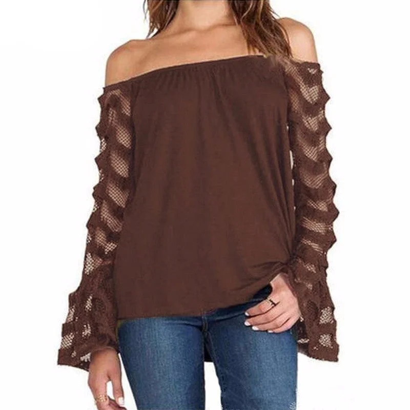 Fashion Women Blouses Off Shoulder Mesh Long Sleeve Shirts Oversized Tops Plus Size 5XL-- Solid Color Striped Floral Fashion Women Blouses Off Shoulder Mesh Long Sleeve Shirts Oversized Tops Plus Size 5XL-- Solid Color Striped Floral