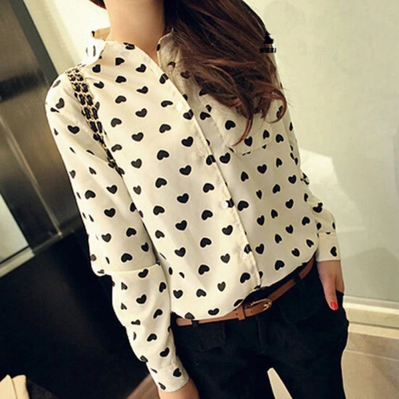 Retro Vintage Women's Chiffon Button Down Blouse Heart Print Casual Shirt Women Clothes-- Knit Fabric Woven Fabric Fleece Fabric Retro Vintage Women's Chiffon Button Down Blouse Heart Print Casual Shirt Women Clothes-- Knit Fabric Woven Fabric Fleece Fabric