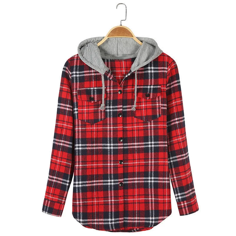 Plaid Hooded Casual Blouse Women Shirts Tops Full Sleeve Pockets Slim Cotton 2XL-- Notch Collar Peter Pan Collar Cowl Neck Plaid Hooded Casual Blouse Women Shirts Tops Full Sleeve Pockets Slim Cotton 2XL-- Notch Collar Peter Pan Collar Cowl Neck