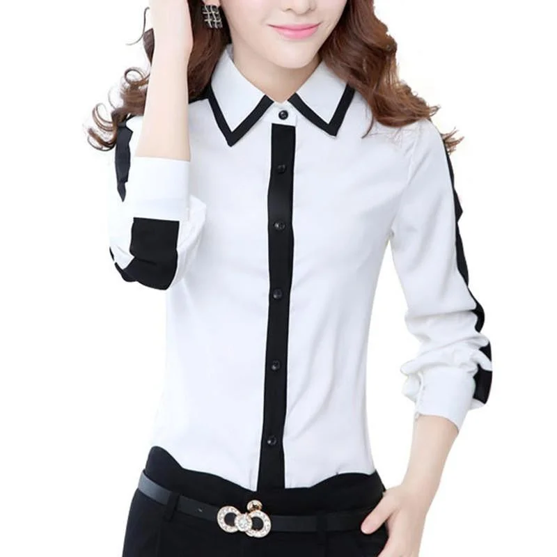 Women Chiffon Blouses Style Long Sleeve Casual Patchwork Buttons Black And White Shirt Women Tops-- Chenille Blend Fleece Blend Nylon Blend Women Chiffon Blouses Style Long Sleeve Casual Patchwork Buttons Black And White Shirt Women Tops-- Chenille Blend Fleece Blend Nylon Blend