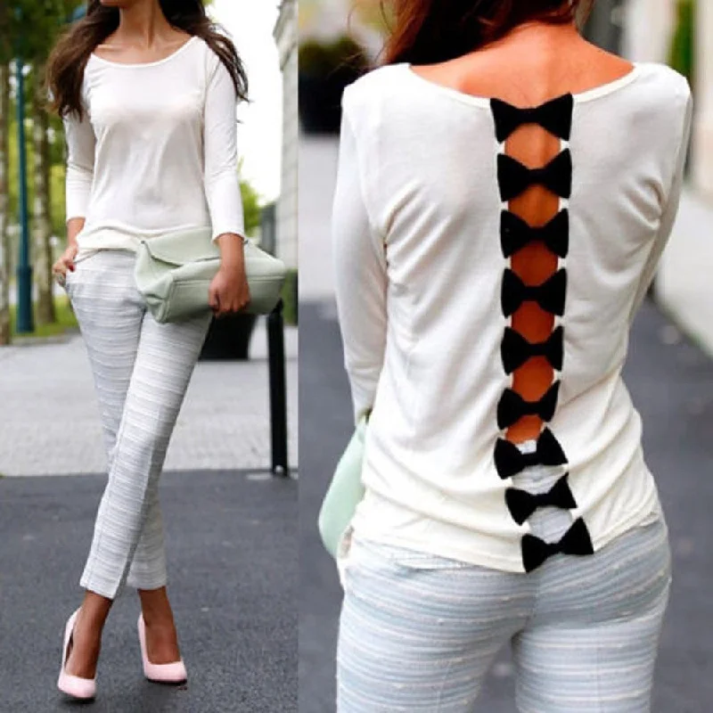 Fashion Womens Girls Back Bow Casual Long Sleeve Pure Blouse Shirt Tops-- Boxy Fit Fitted Loose Fashion Womens Girls Back Bow Casual Long Sleeve Pure Blouse Shirt Tops-- Boxy Fit Fitted Loose