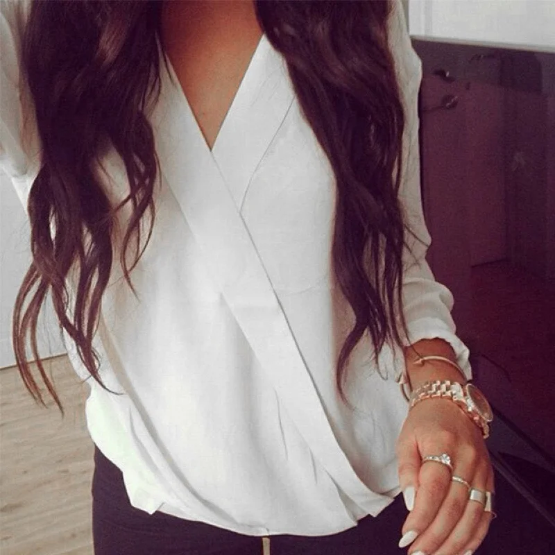 Women Blouses Casual Loose Tops Chiffon Blouse Long Sleeve Deep V Neck Solid Shirts Plus Size-- Elegant Classic Vintage Women Blouses Casual Loose Tops Chiffon Blouse Long Sleeve Deep V Neck Solid Shirts Plus Size-- Elegant Classic Vintage